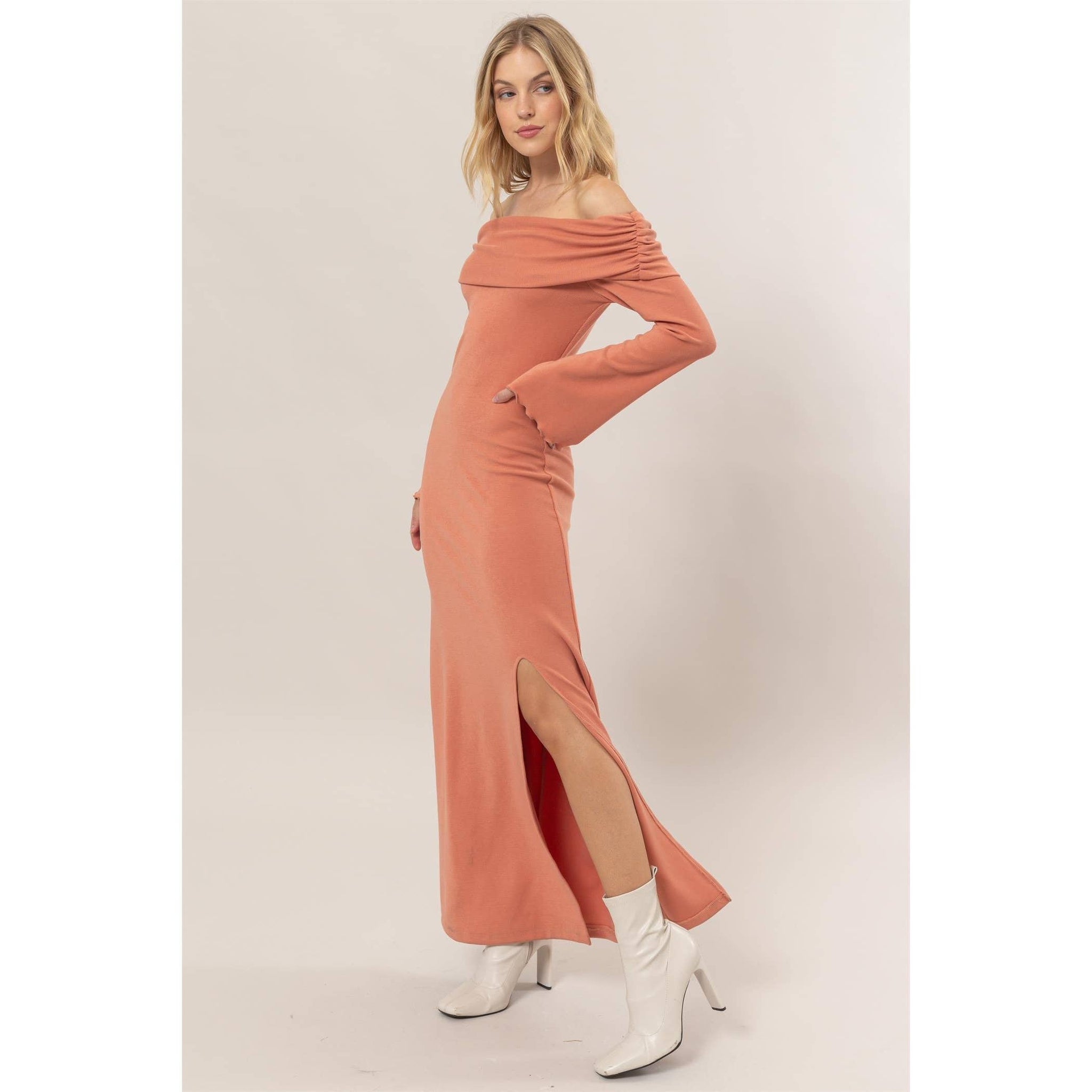 Off Shoulder Ribbed Knit Dress True Lucia Off Shoulder Ribbed Knit Dress True Lucia