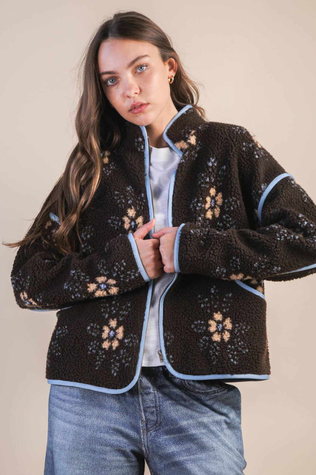 Oversized Floral Printed Fleece Sherpa Jacket