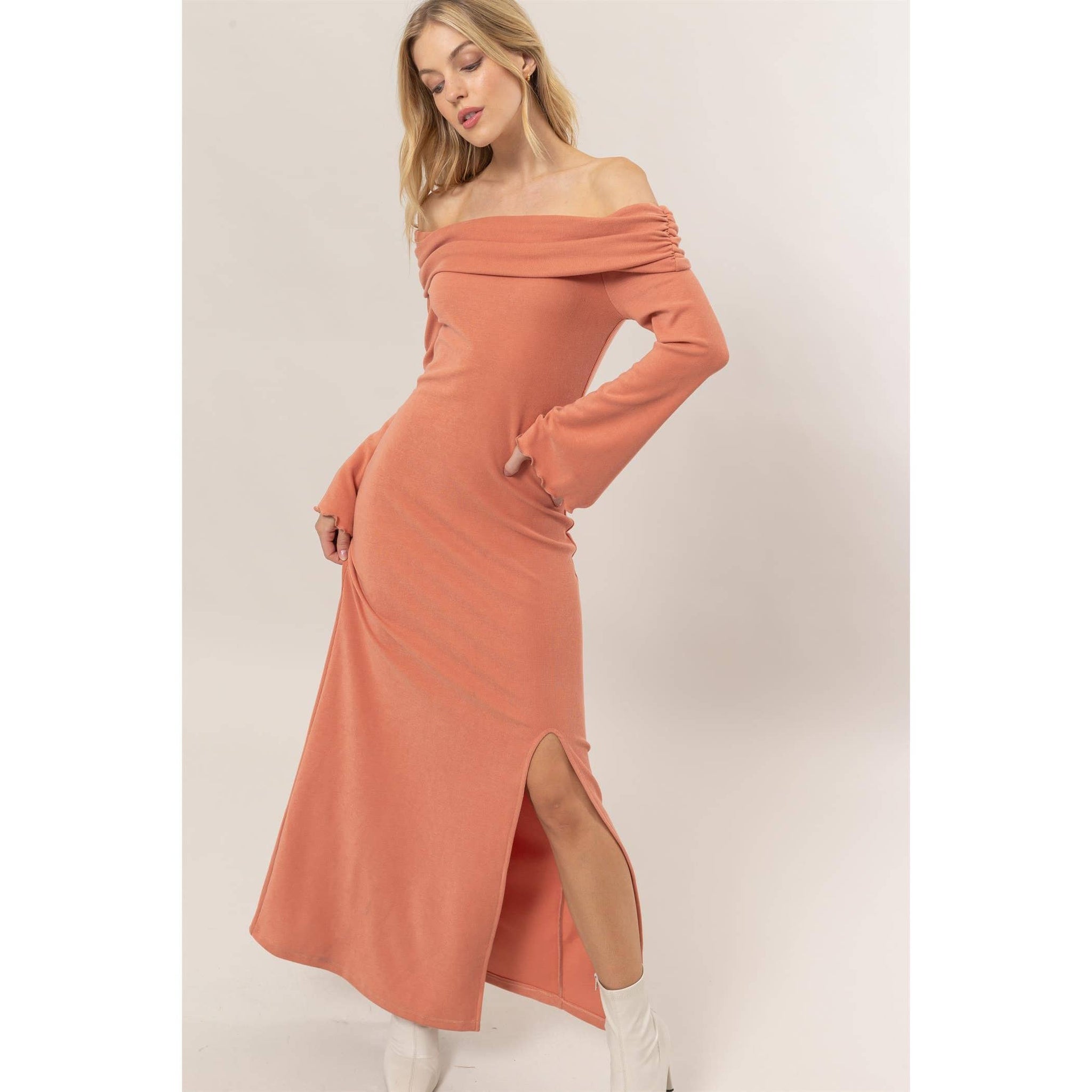 off the shoulder rib knit dress Off-Shoulder Rib-Knit Maxi Dress
