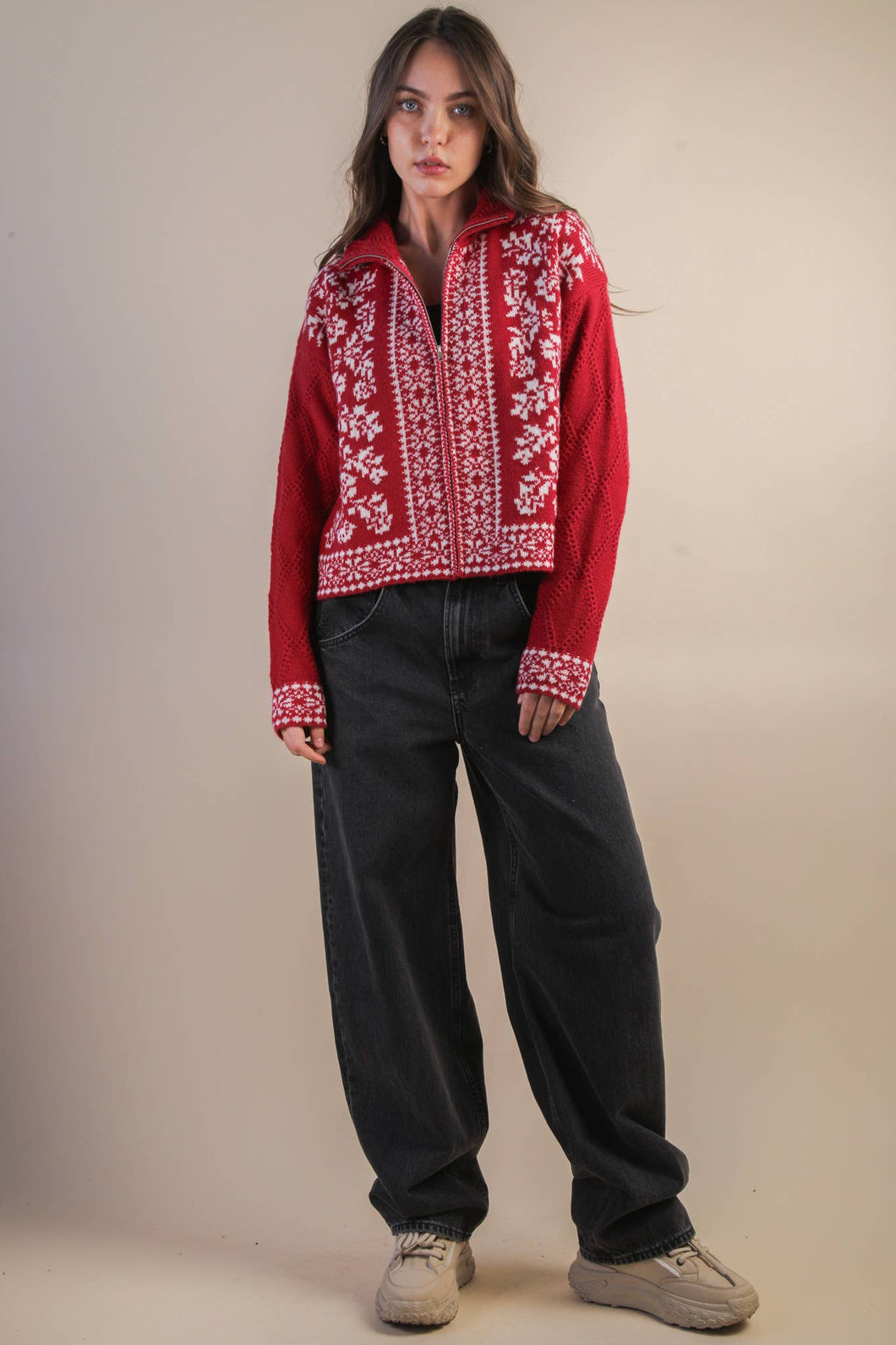 Graphic Knit Sweater Zip Up Cardigan