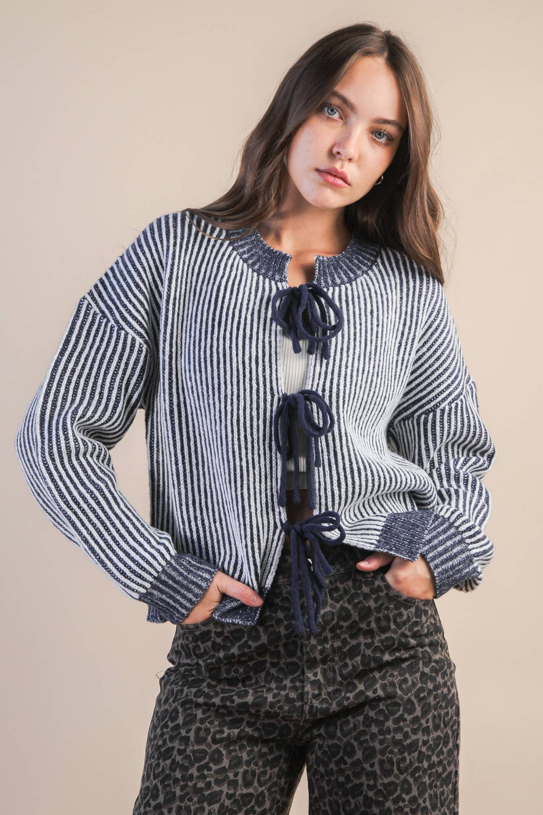 Front Tie Two Tone Knit Cardigan