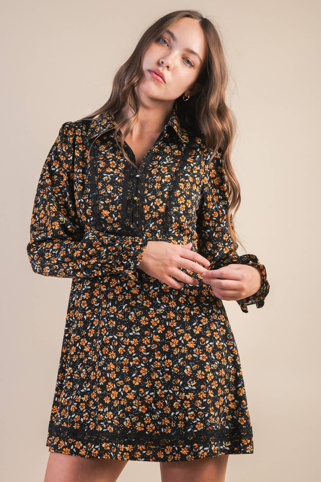 Floral Printed Lace Trim Collared Mini Dress