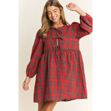 Load image into Gallery viewer, SOFT PLAID WOVEN FABRIC BABYDOLL BOW MINI DRESS
