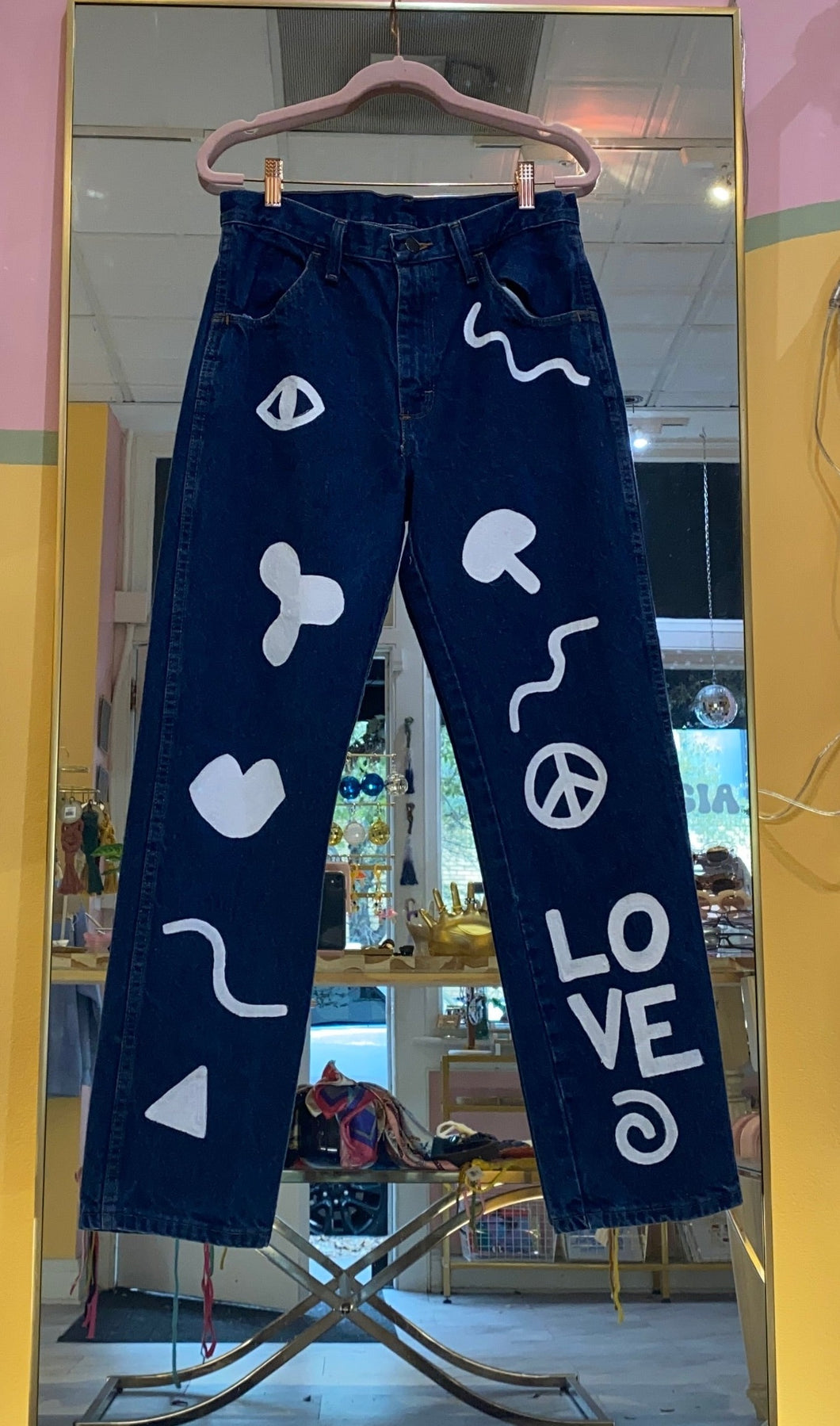 Peace and Love Hand Painted Blue Denim Jeans 29