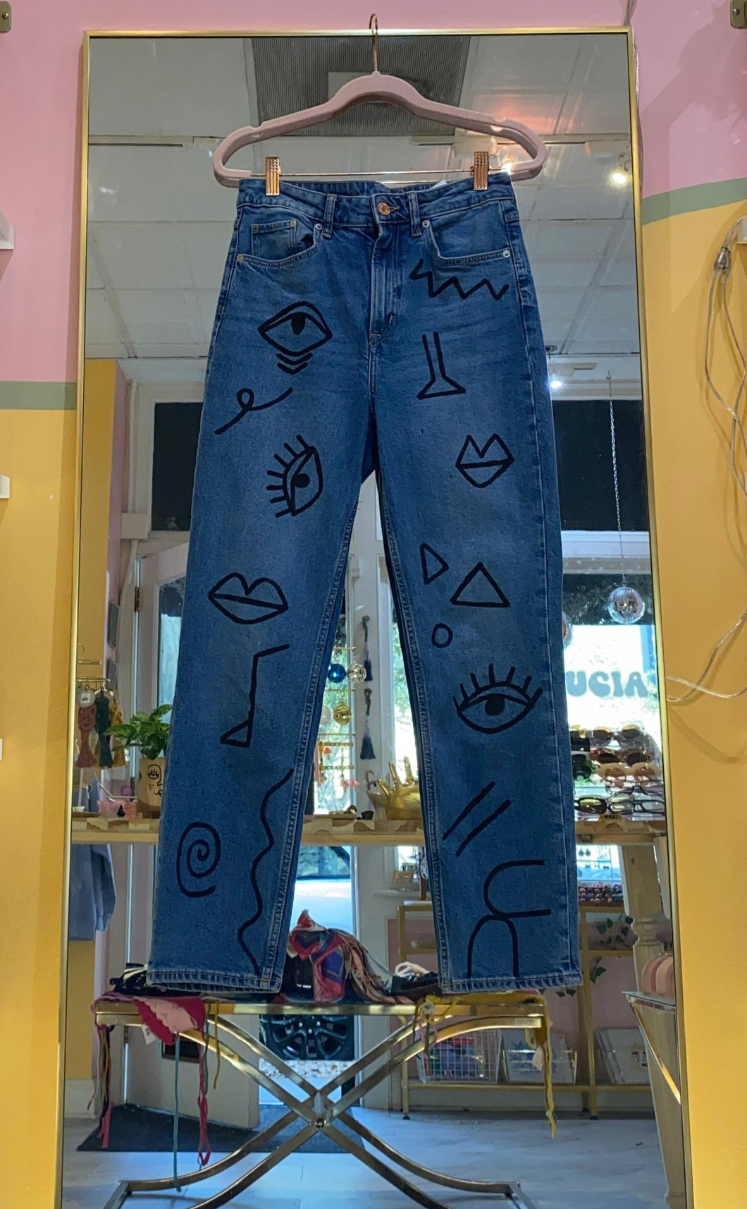 Abstract Hand Painted Blue Denim Jeans 4